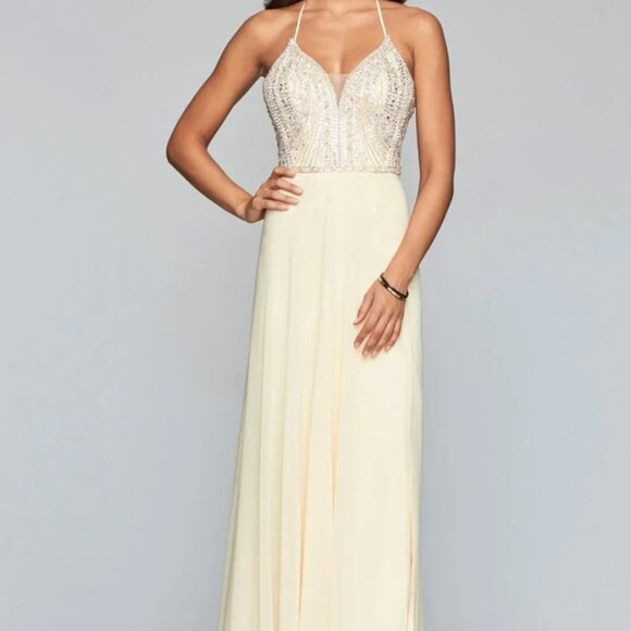 Faviana Pastel Yellow Halter Beaded A-line Lace-Up Chiffon Dress New with Tags - Picture 4 of 10